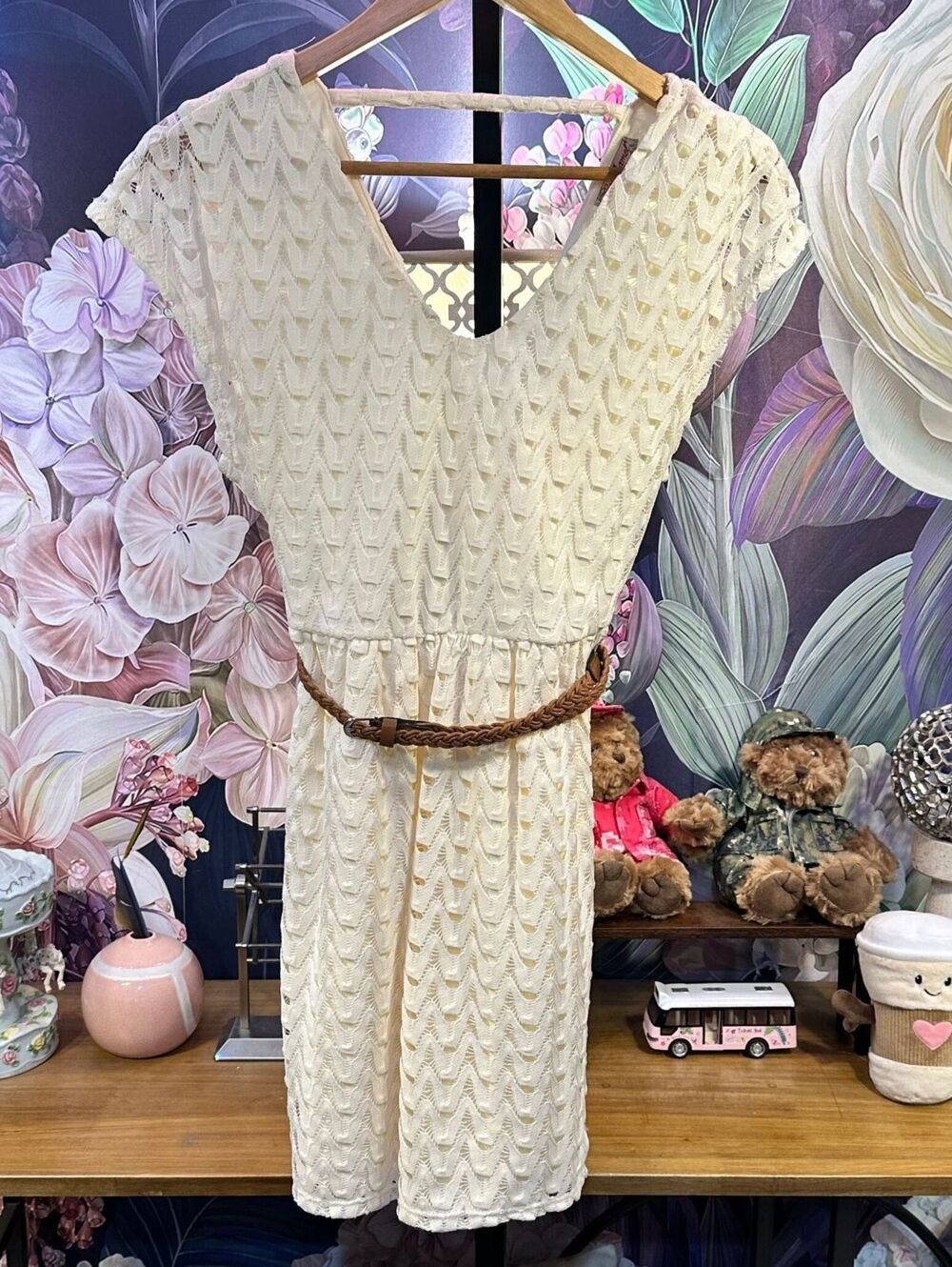 Red Camel XS Crochet Lace Dress Belted V Neck Boho Romantic Cottagecore Cream